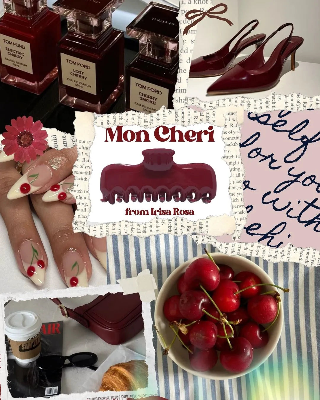 Irisa Rosa Mon Cheri Collection – cherry red claw clip styled with chic French-inspired elements