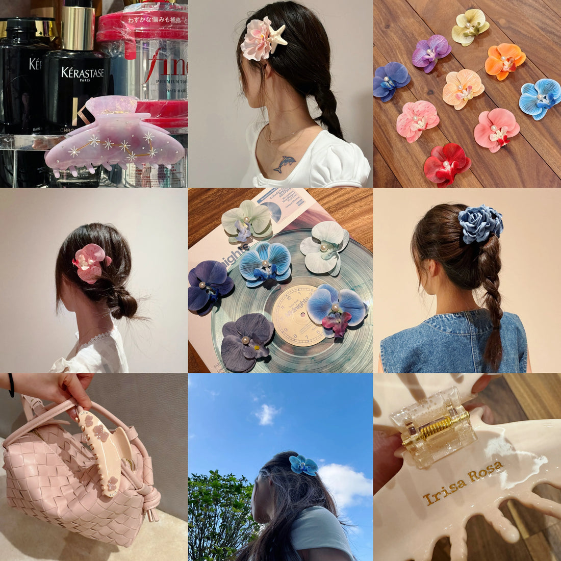 Collage of Irisa Rosa floral clips, claw clips, and headbands – the perfect gift for loved ones.