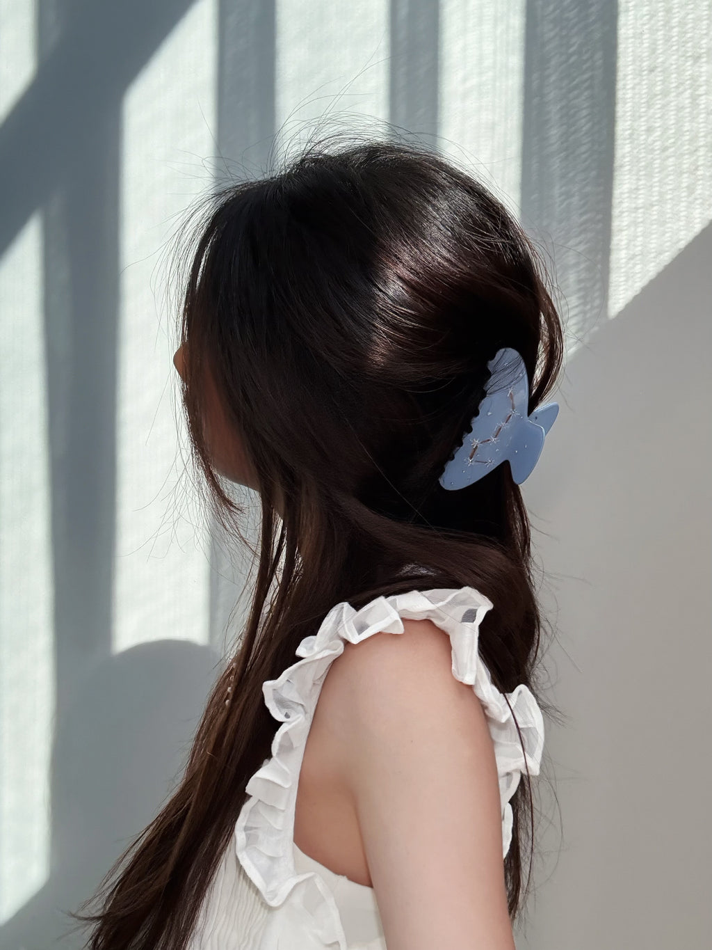 Side lifestyle shot – Blue Big Dipper Hair Claw adding subtle elegance