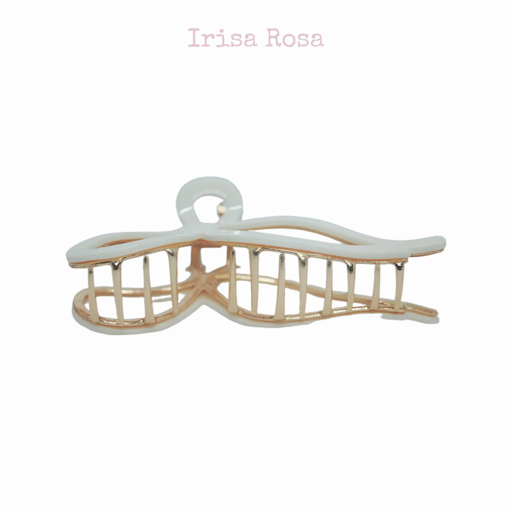 Pearl white bow claw clip Side – minimalist claw clip for women