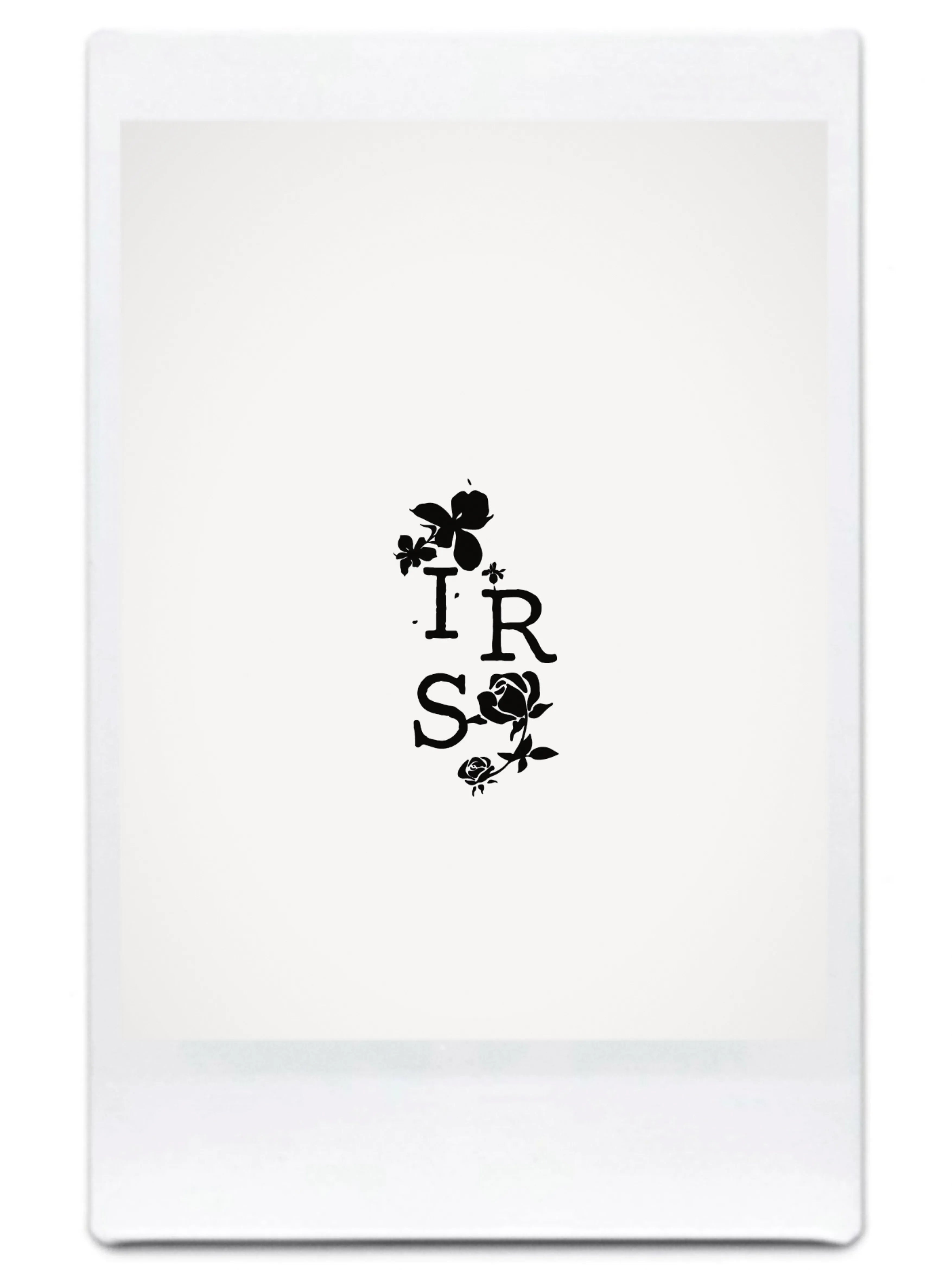 Irisa Rosa black and white floral logo – minimal Polaroid-style brand visual.
