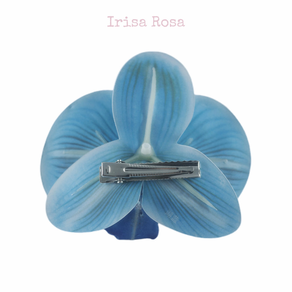 Back view of Lake Orchid Barrette – bright blue orchid hair clip