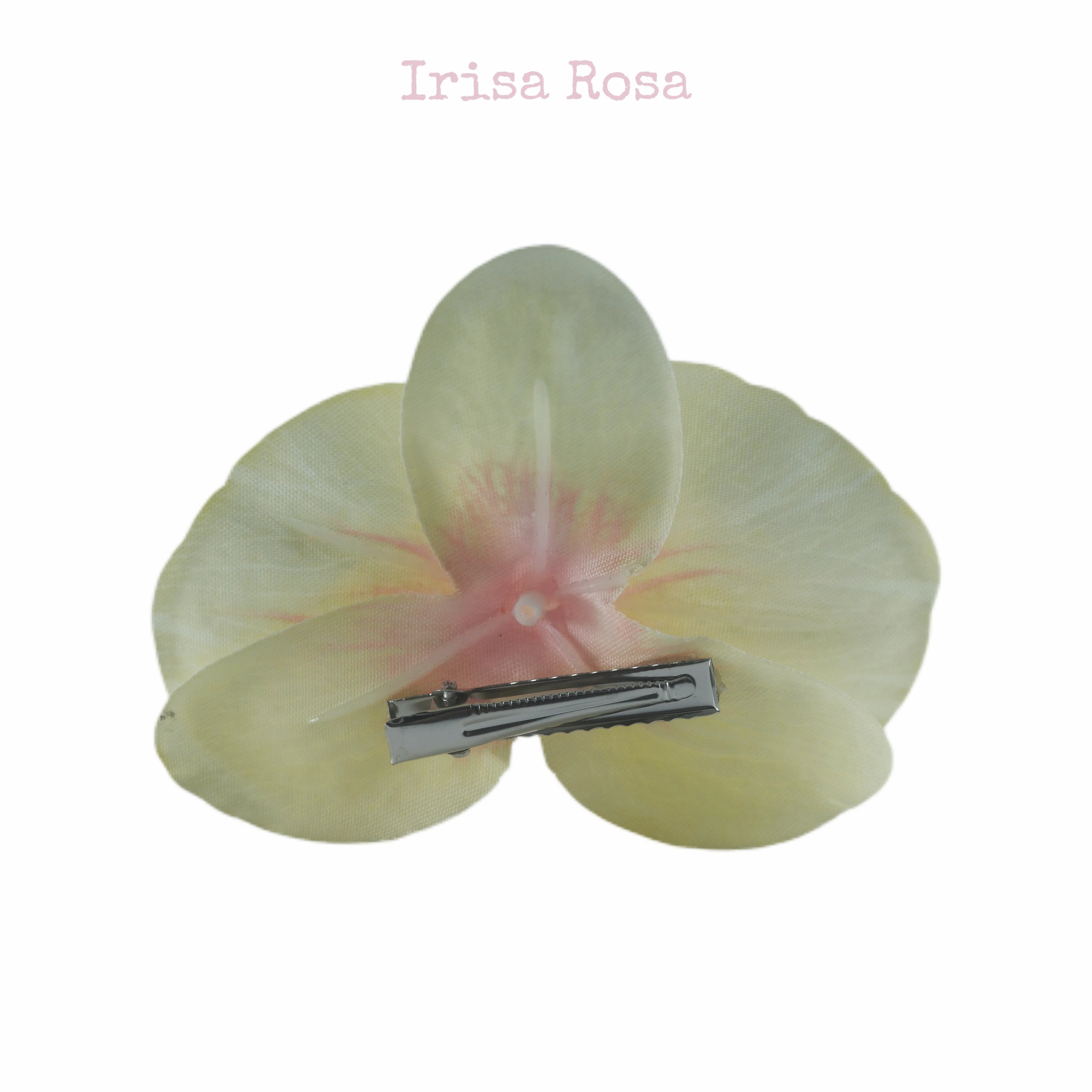 Back view of Lemon Butter Orchid Barrette – yellow orchid hair clip