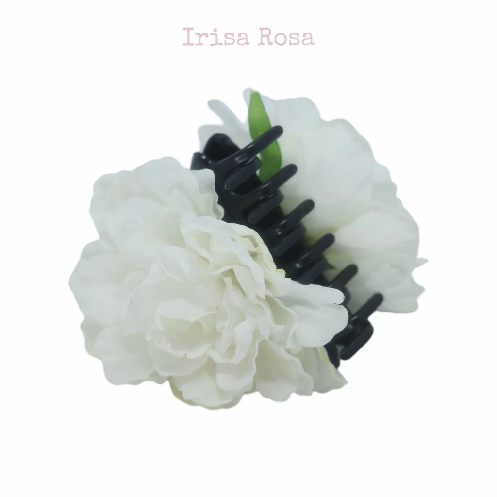 Side view of White Peony Hair Claw – chic floral hair accessory for daily or special occasions